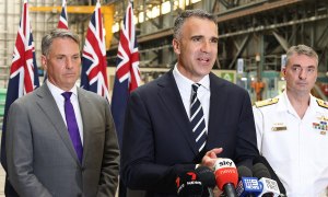 Peter Malinauskas, Richard Marles and Jonathan Mead speaking to the media about AUKUS
