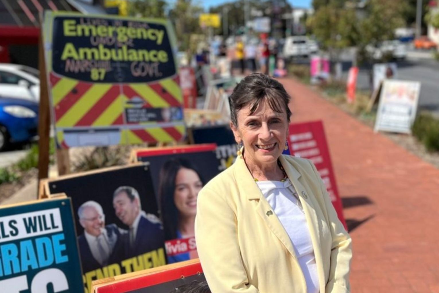 Frances Bedford among the corflutes in Newland in 2022. Photo: Tom Richardson / InDaily