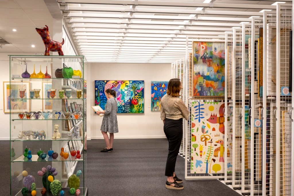 The stock room and gallery space of Art Images Gallery. Art Images Gallery is a finalist in the Eastside Business Awards 2025.