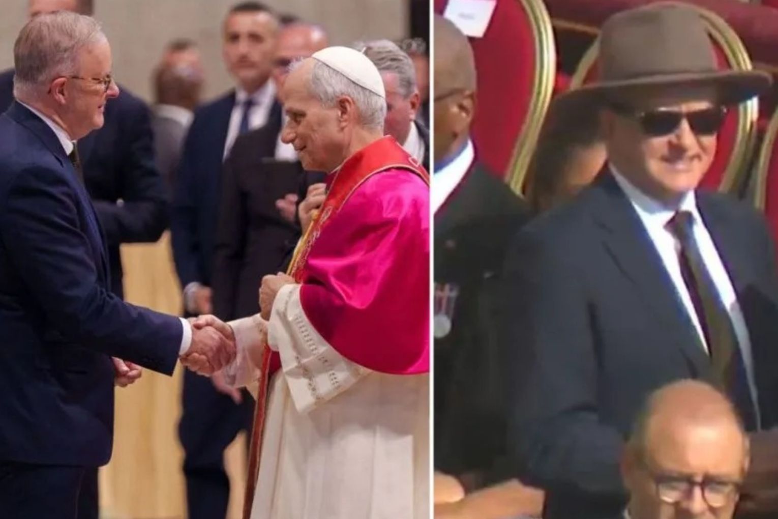 Anthony Albanese wore and Akubra at mass (right), and met Pope Leo.
