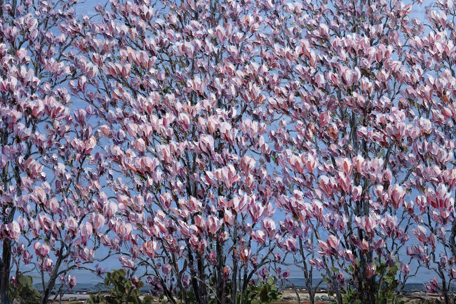 Detail of Red Magnolia Trees by Jun Chen, one of the works in his current exhibition at Philip Bacon Galleries in Brisbane.