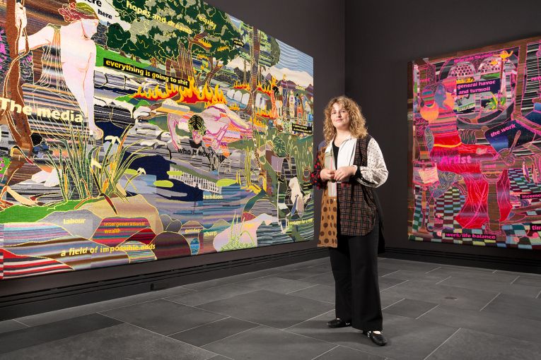 Thumbnail for ‘Everything is going to shit’: Meme-inspired knitted work judged crowd favourite at Ramsay Art Prize